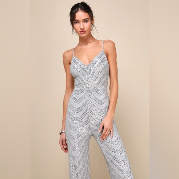Lulus Outstanding Glow Silver Sequin Sleeveless Straight Leg Jumpsuit Small - Picture 3 of 16